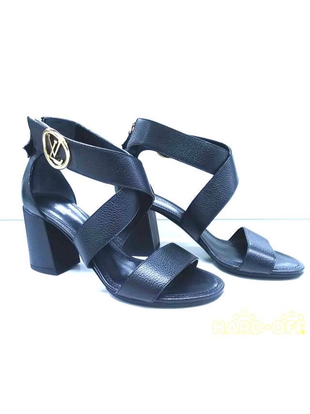 Louis Vuitton Black Leather Strappy Block Heel Sandals with Gold LV Accent